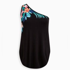 Super soft by Torrid knit black one shoulder tank top floral print size 2(2x)